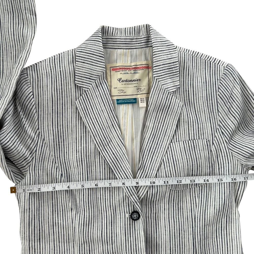 Cartonnier by Anthropologie Blue Striped 100% Linen Blazer Jacket SZ 4 - Picture 10 of 11